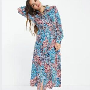 Vila Love At First Scroll Animal Print Shirt Dress Button Front TIe 40/10 Asos